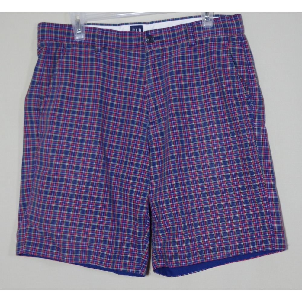 Gap Mens Size 34 Plaid Shorts Navy Red Yellow Cotton Flat Front Chino RN54023